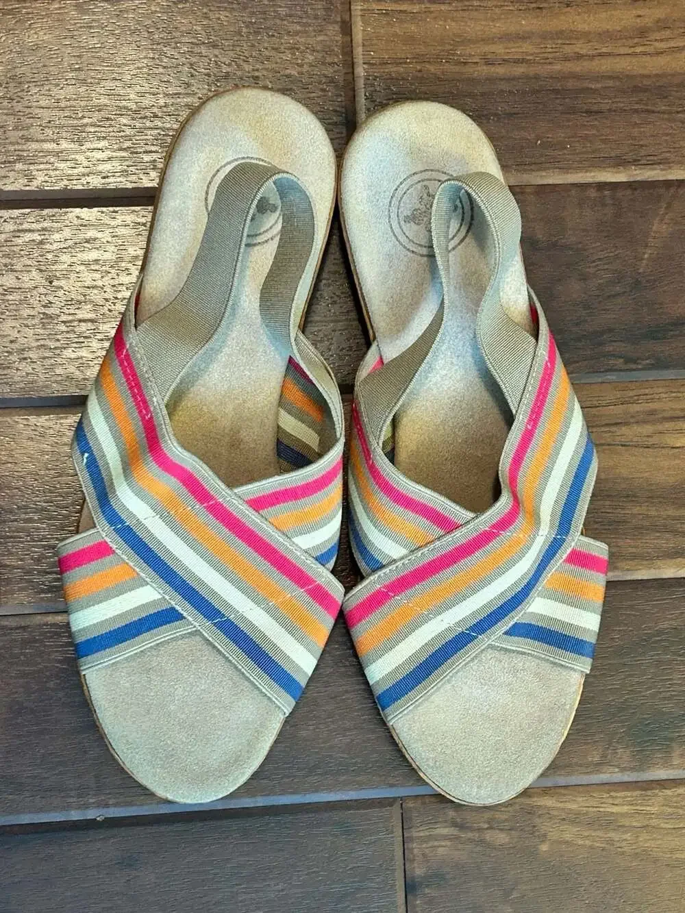 Charleston Shoe Co. Atlantic Stripe Elastic Cross-Strap Wedge Sandals Resort